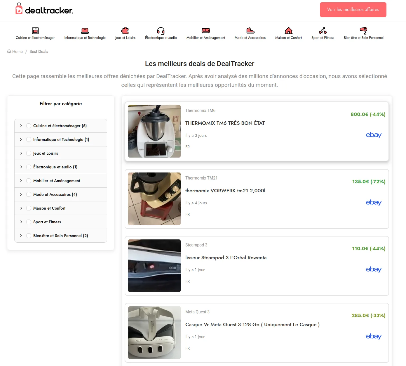 La page des meilleures affaires